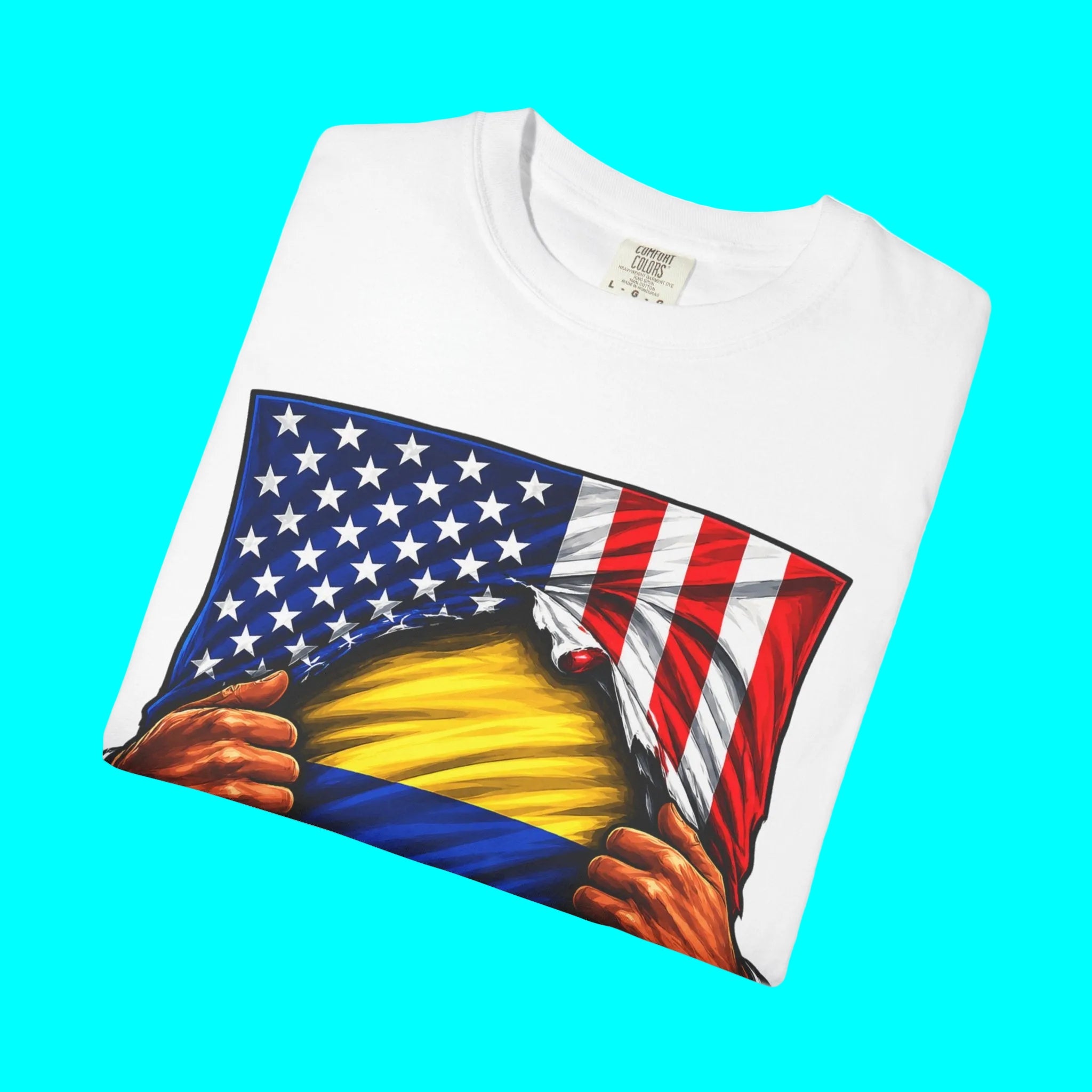 Colombia Flag + USA Flag Heritage T-shirt | Colombian American Flag Culture Rip 4th Of July | Funny Viral Latino Tees | Heavyweight Cotton