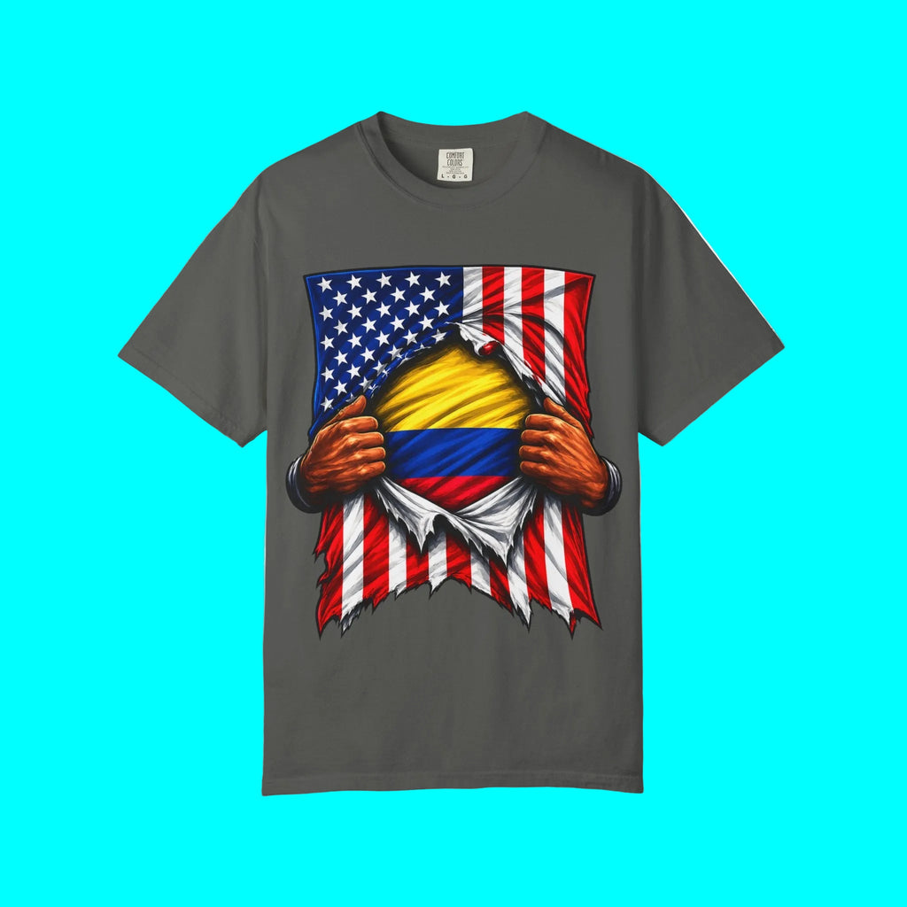 Colombia Flag + USA Flag Heritage T-shirt | Colombian American Flag Culture Rip 4th Of July | Funny Viral Latino Tees | Heavyweight Cotton