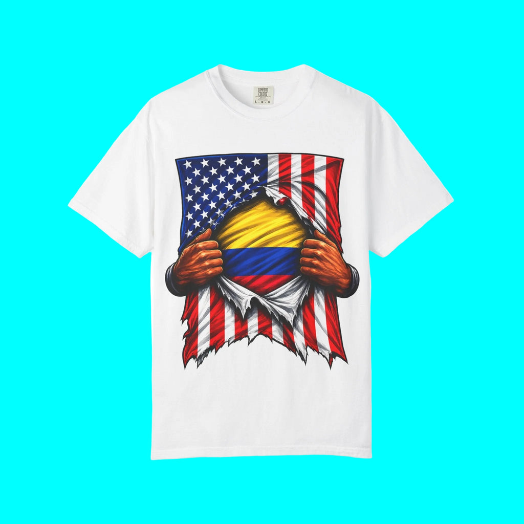 Colombia Flag + USA Flag Heritage T-shirt | Colombian American Flag Culture Rip 4th Of July | Funny Viral Latino Tees | Heavyweight Cotton