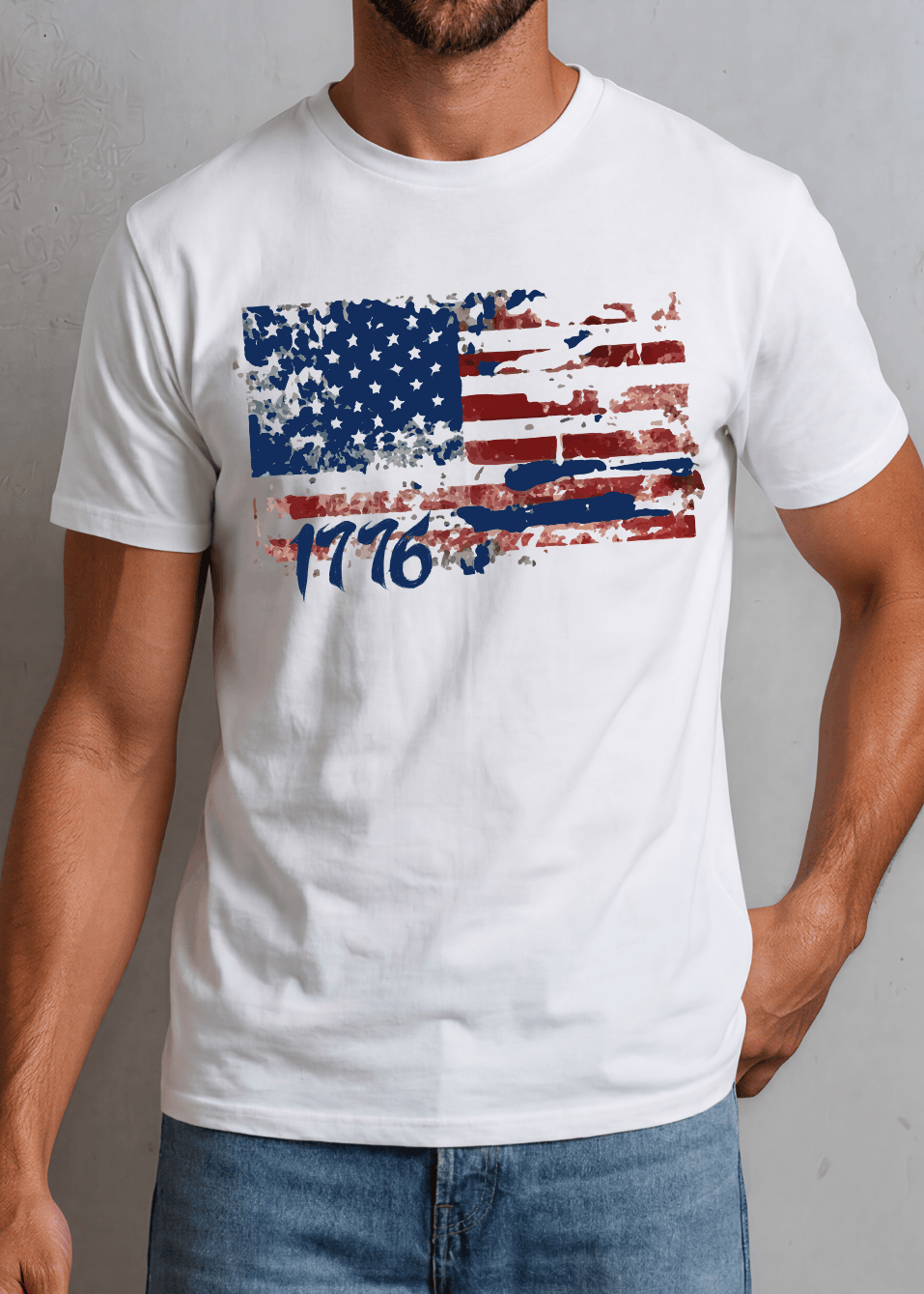 Distressed Red and Blue American Flag with 1776 Graphic T-Shirt Made in USA