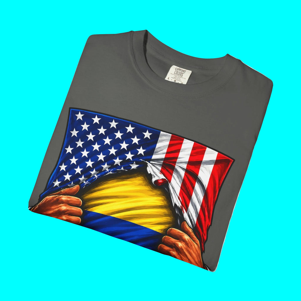 Colombia Flag + USA Flag Heritage T-shirt | Colombian American Flag Culture Rip 4th Of July | Funny Viral Latino Tees | Heavyweight Cotton