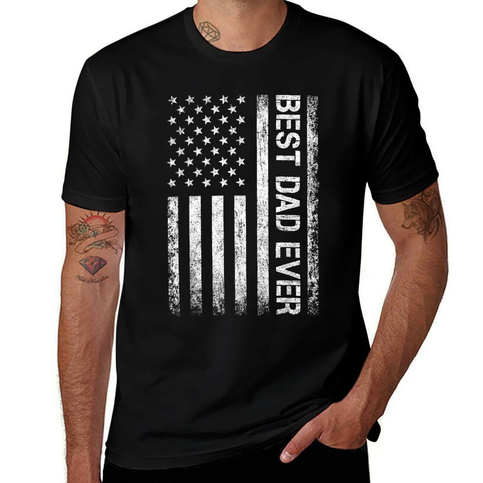 Best Dad Ever US American Flag for Fathers Day  Ribbed Collar T-Shirt