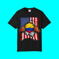 Colombia Flag + USA Flag Heritage T-shirt | Colombian American Flag Culture Rip 4th Of July | Funny Viral Latino Tees | Heavyweight Cotton