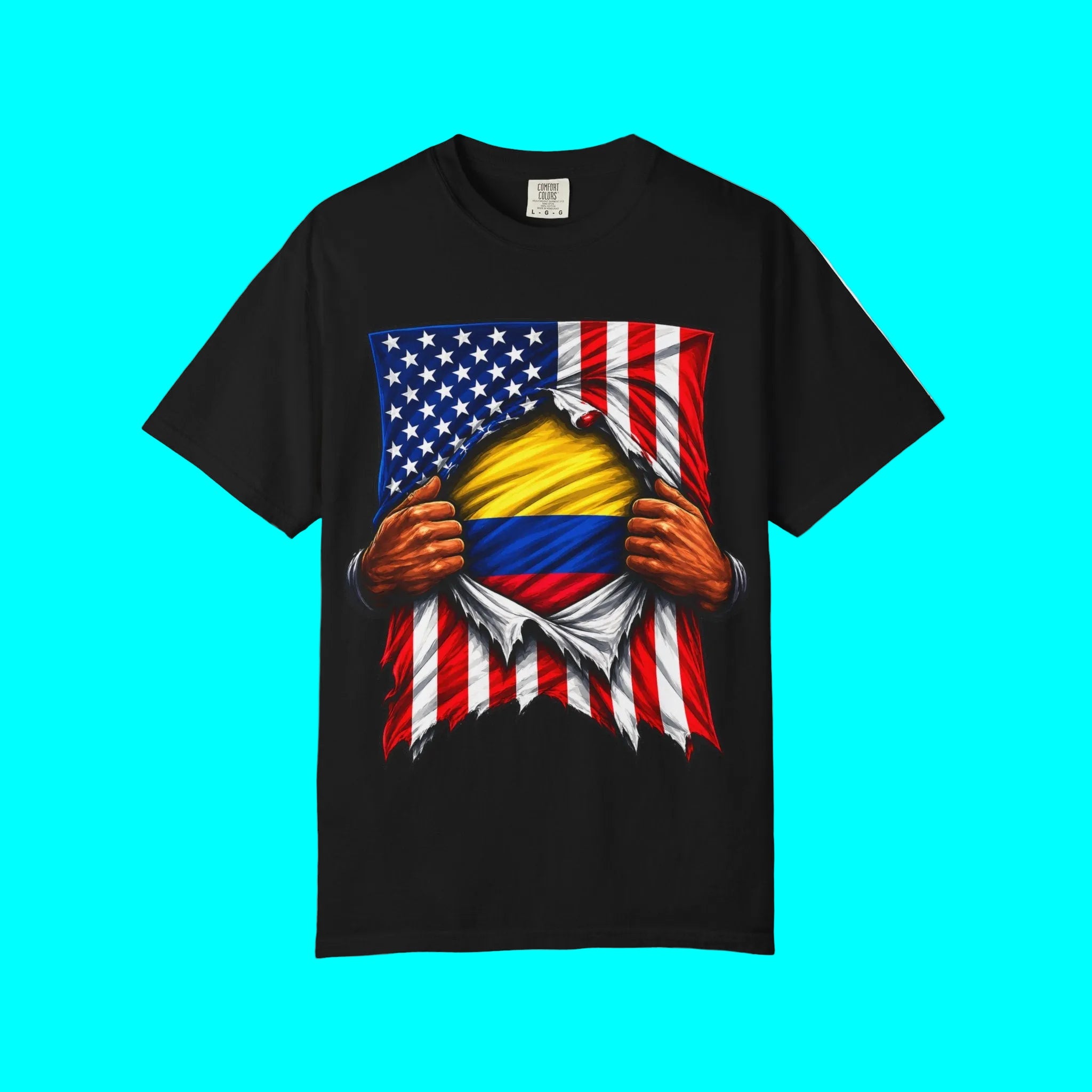 Colombia Flag + USA Flag Heritage T-shirt | Colombian American Flag Culture Rip 4th Of July | Funny Viral Latino Tees | Heavyweight Cotton