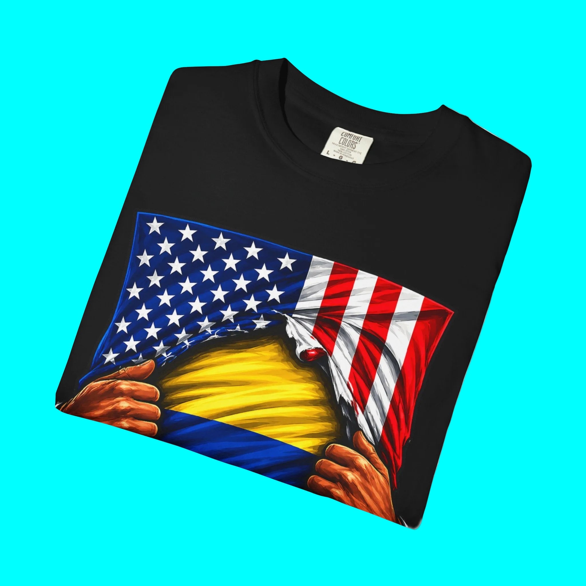 Colombia Flag + USA Flag Heritage T-shirt | Colombian American Flag Culture Rip 4th Of July | Funny Viral Latino Tees | Heavyweight Cotton