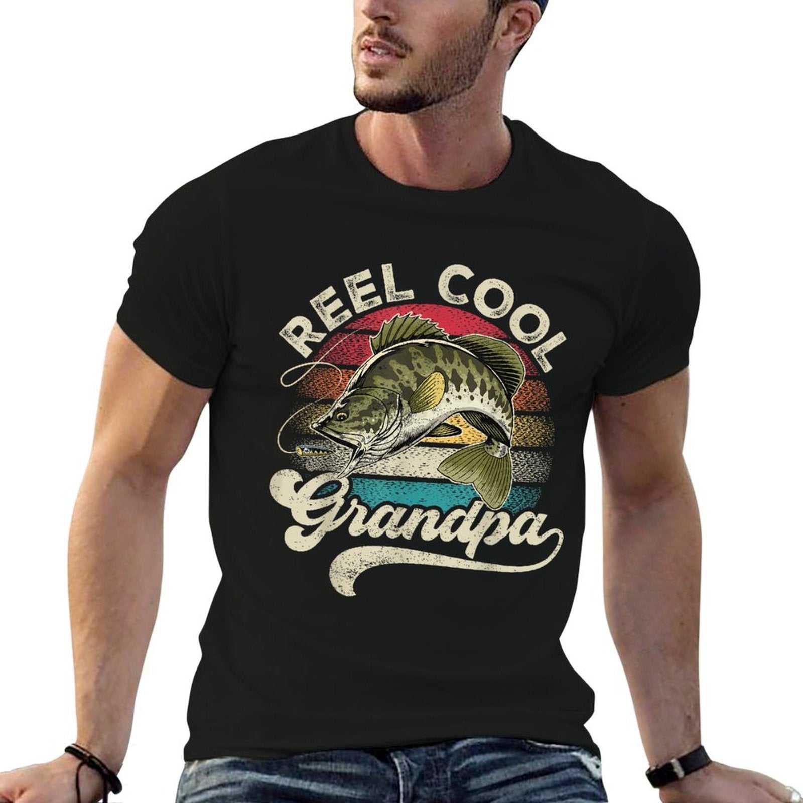 Reel Cool Grandpa Fishing Vintage Retro Fathers Day Men Dad  Fade-proof Color T-Shirt