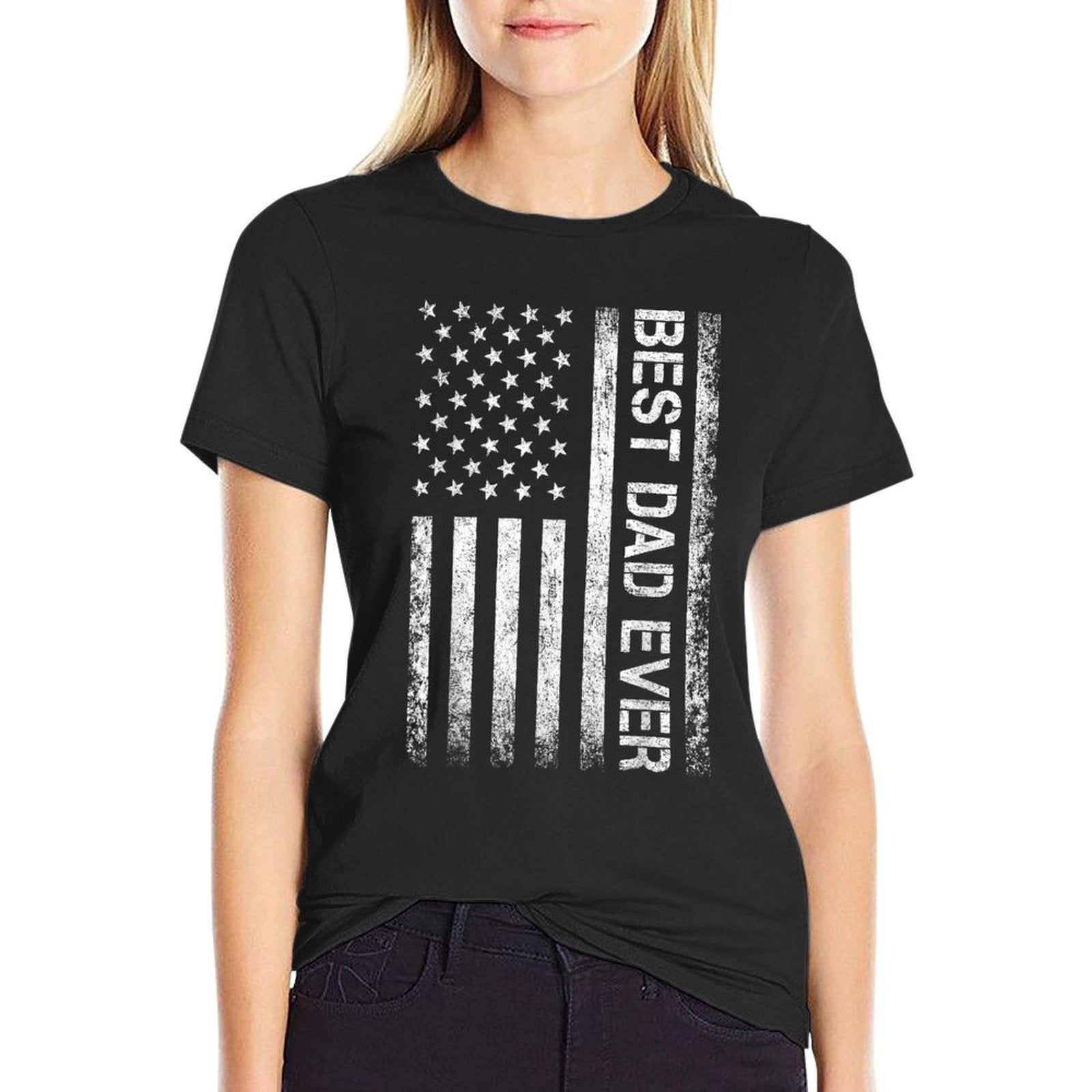 Best Dad Ever US American Flag for Fathers Day  Ribbed Collar T-Shirt
