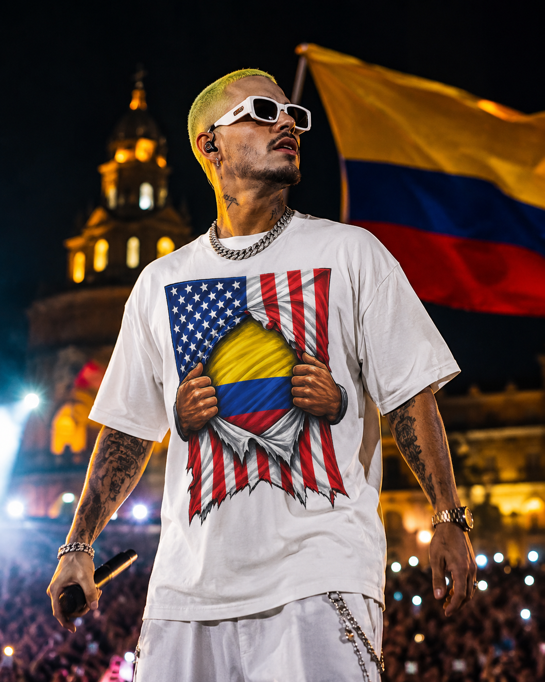 Colombia Flag + USA Flag Heritage T-shirt | Colombian American Flag Culture Rip 4th Of July | Funny Viral Latino Tees | Heavyweight Cotton