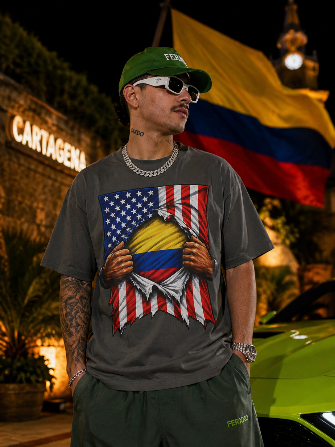Colombia Flag + USA Flag Heritage T-shirt | Colombian American Flag Culture Rip 4th Of July | Funny Viral Latino Tees | Heavyweight Cotton
