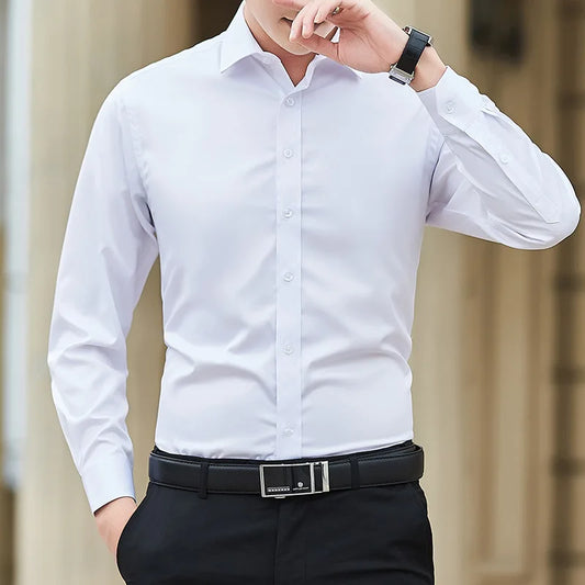 Plus Size Men’s Long Sleeve Business Shirt - Slim Fit Solid White Dress Shirt Sizes M–8XL