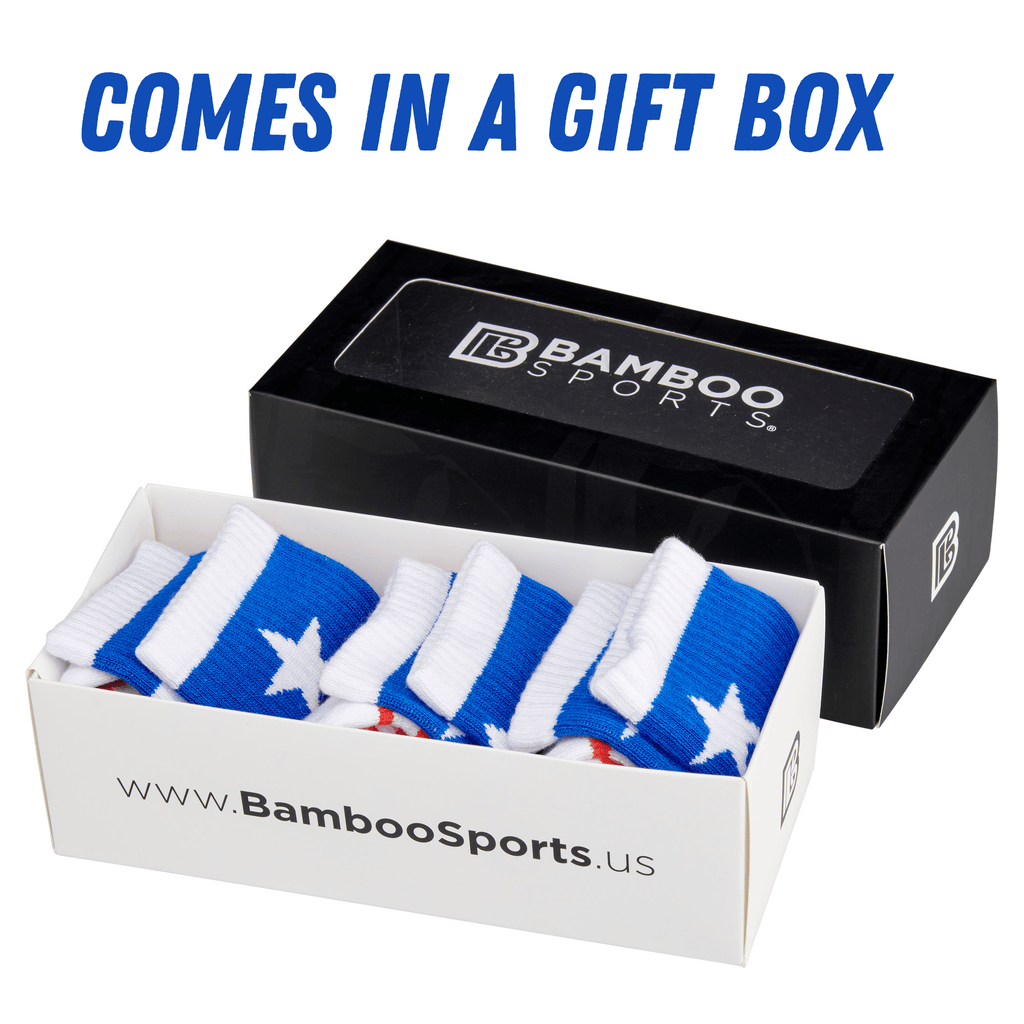 Bamboo Sports Red White and Blue Premium Bamboo Rayon Crew Work Socks- Moisture Wicking, Odor Eliminating Red, White, and Blue American Flag 4th of July Socks for Men and Women Gift Box 3 Pair