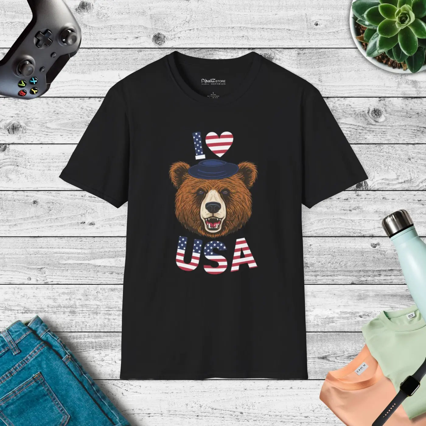 Usa Heart Bear T-shirt – Cotton Unisex Tee - Dipaliz