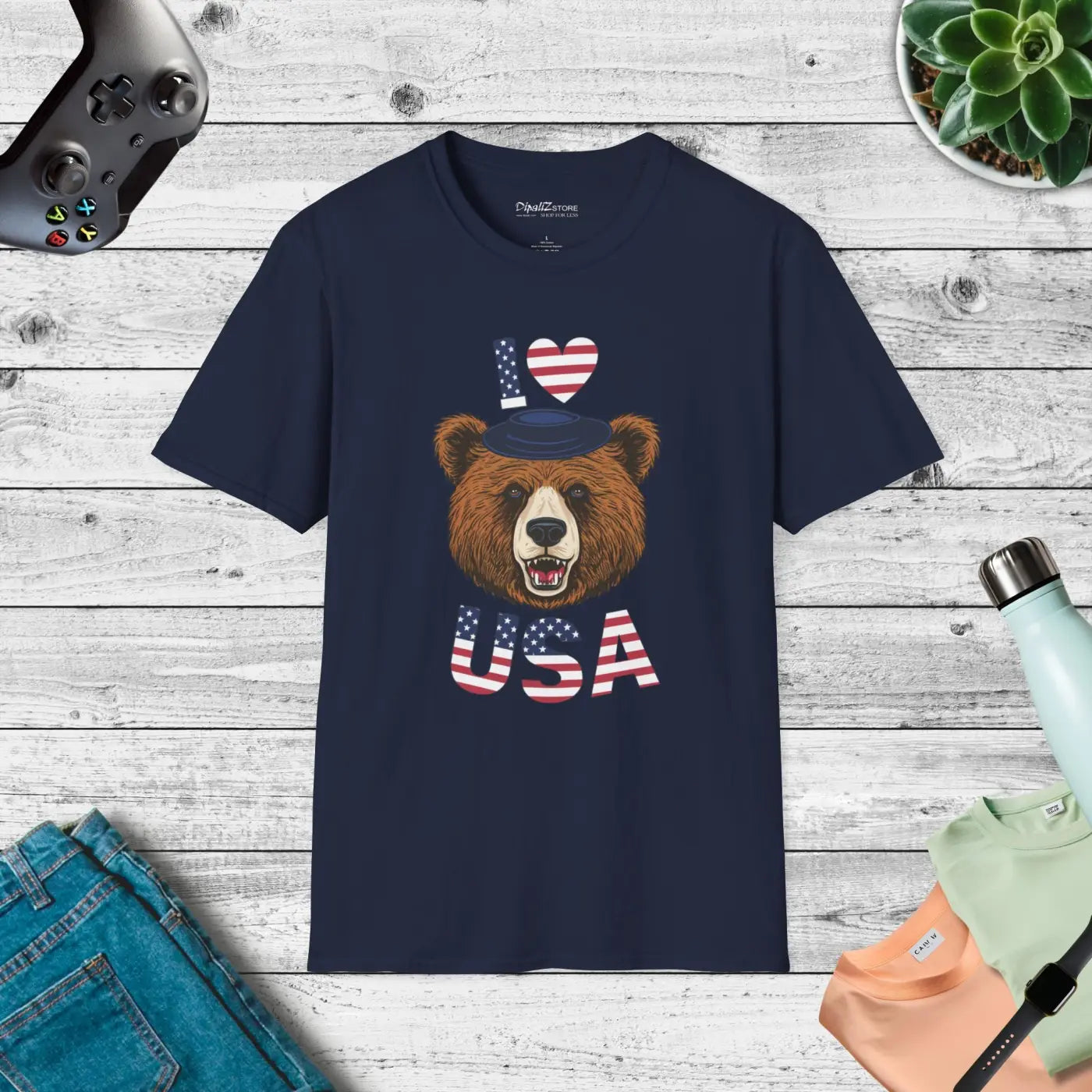 Usa Heart Bear T-shirt – Cotton Unisex Tee - Dipaliz