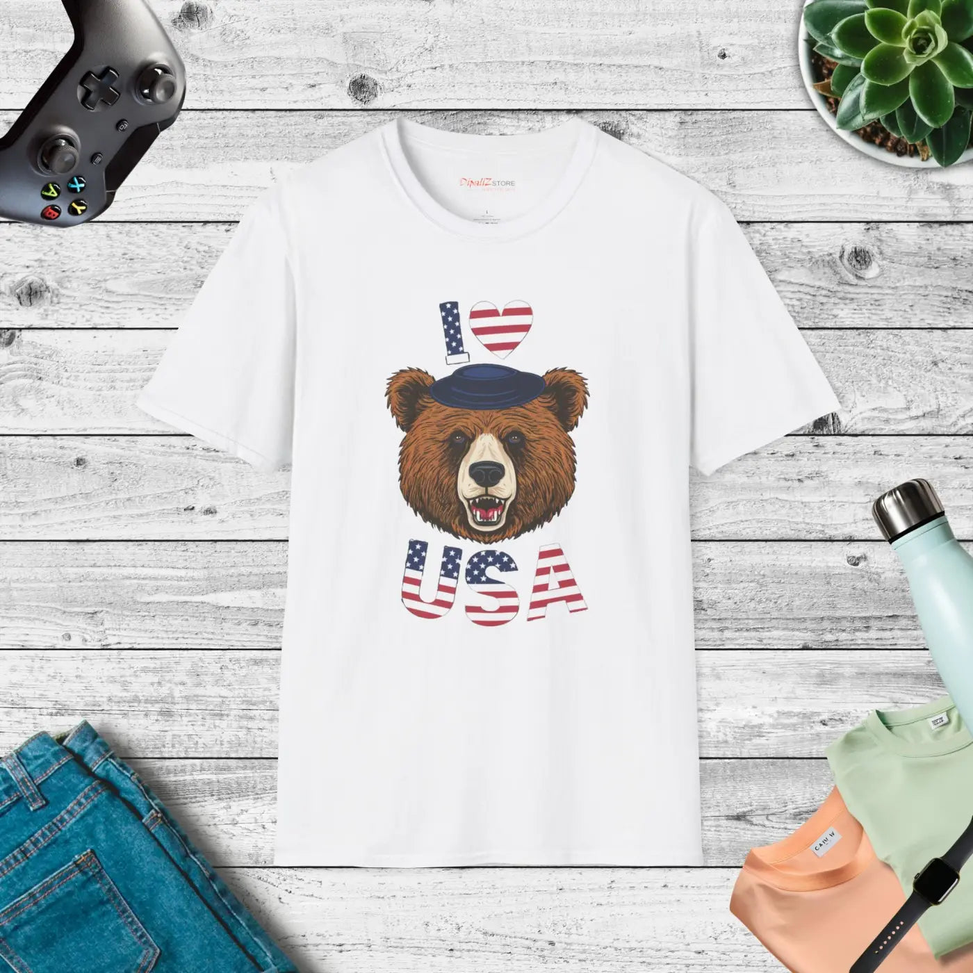 Usa Heart Bear T-shirt – Cotton Unisex Tee - Dipaliz